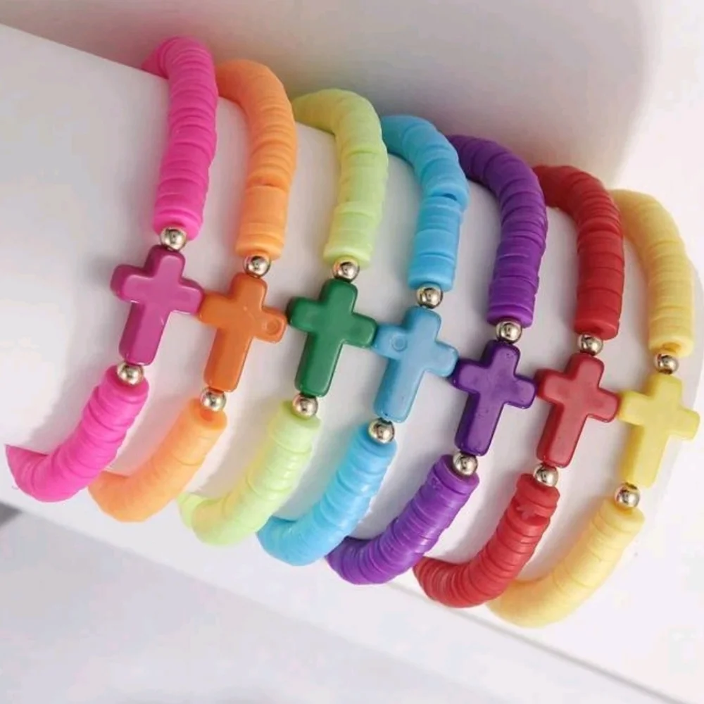 Kids Stackable Clay Beaded Bracelet with Cross-4 pcs Set